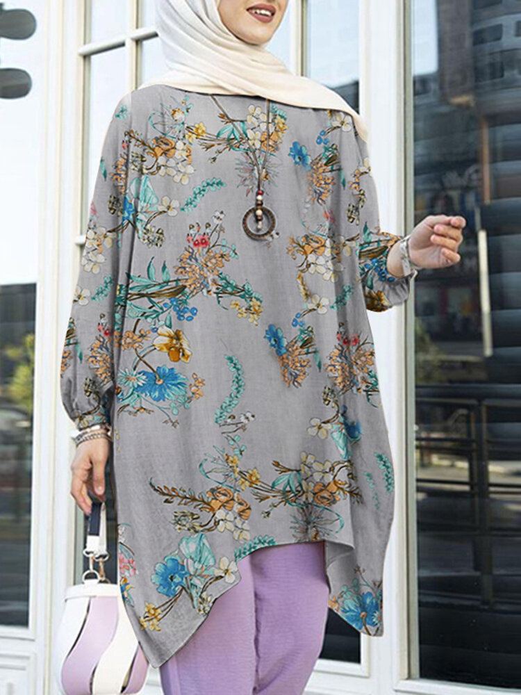 Pofmouw Bloemenprint Onregelmatige Zoom O-hals Losse Blouse