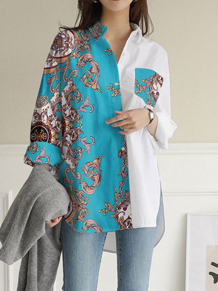 Tribal Patroon Contrasterende Kleur Pocket Button Down Shirt