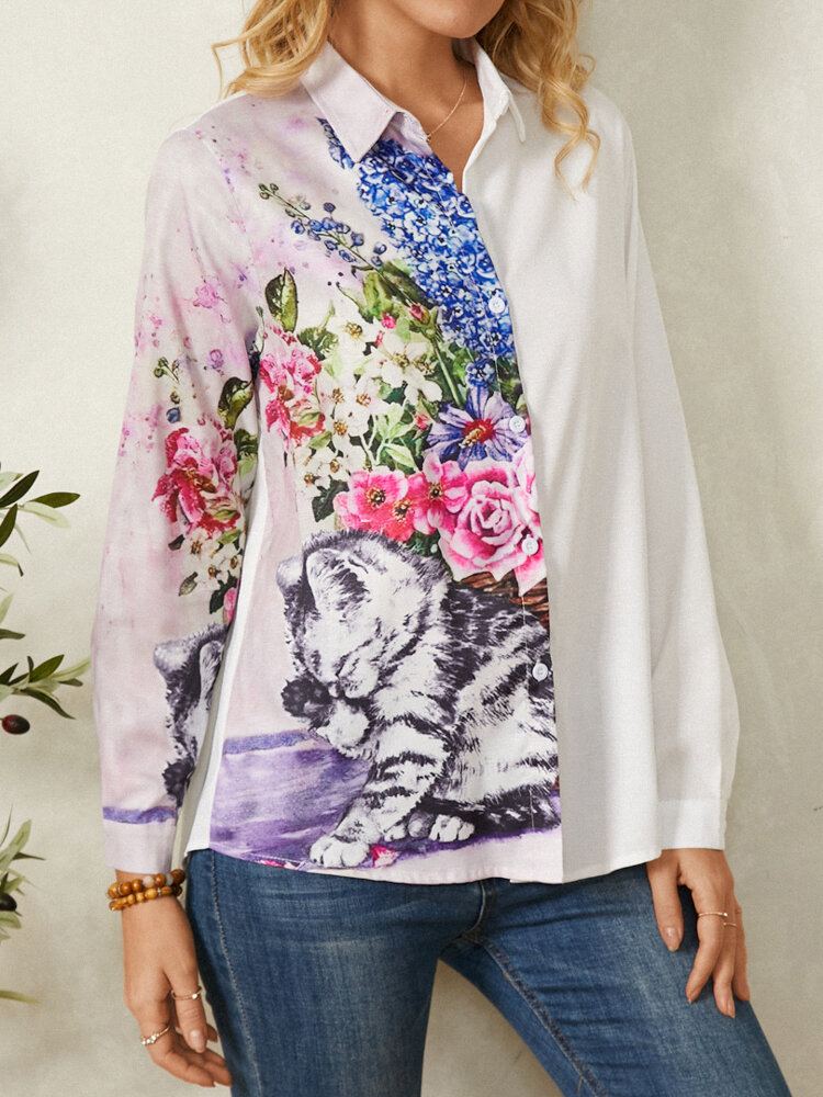 Vintage Calico Print Lange Mouwen Reverskraag Patchwork Shirt Voor Dames