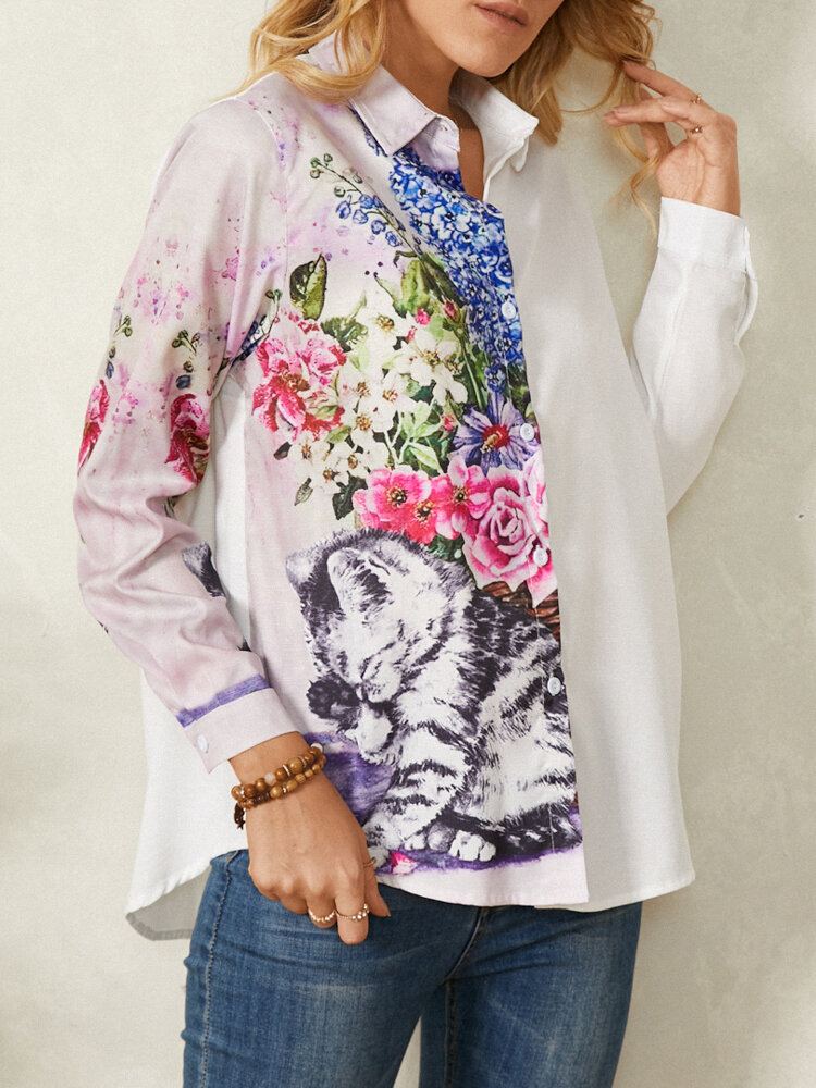 Vintage Calico Print Lange Mouwen Reverskraag Patchwork Shirt Voor Dames