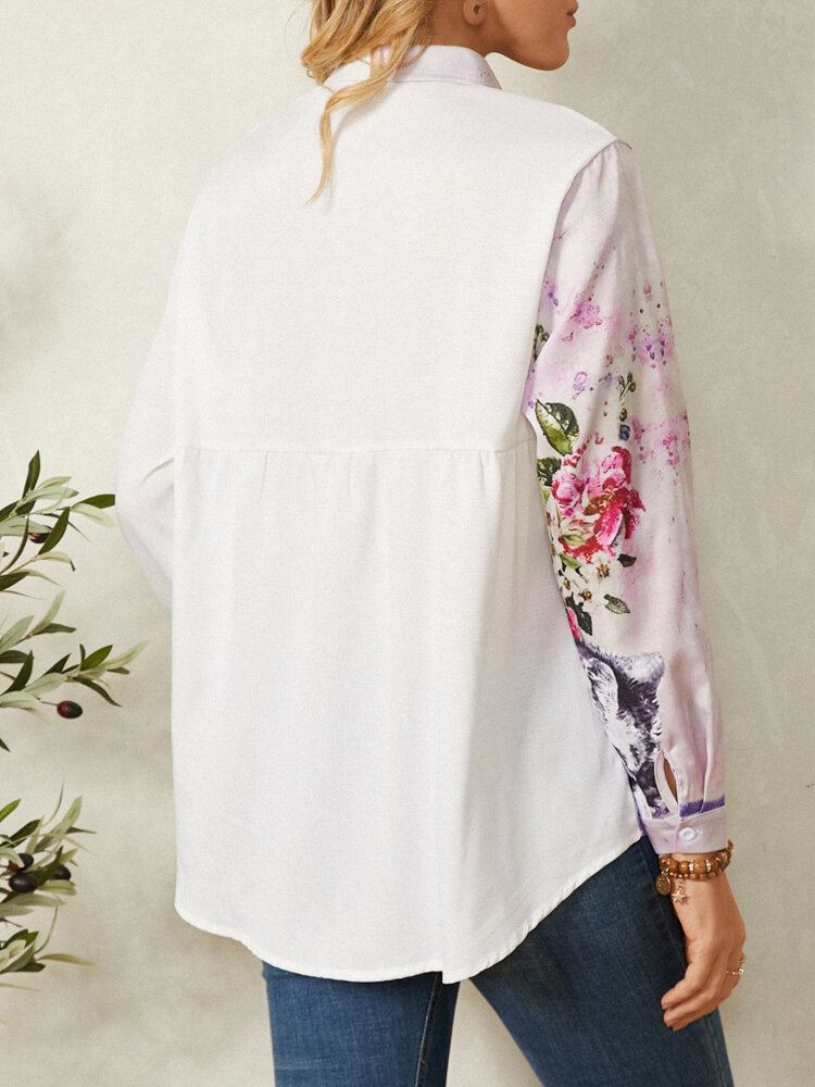 Vintage Calico Print Lange Mouwen Reverskraag Patchwork Shirt Voor Dames