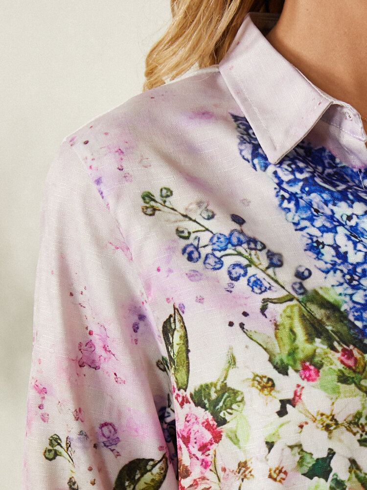 Vintage Calico Print Lange Mouwen Reverskraag Patchwork Shirt Voor Dames