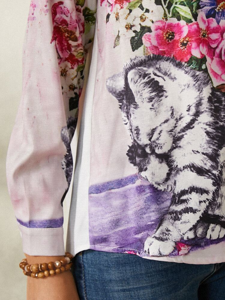 Vintage Calico Print Lange Mouwen Reverskraag Patchwork Shirt Voor Dames