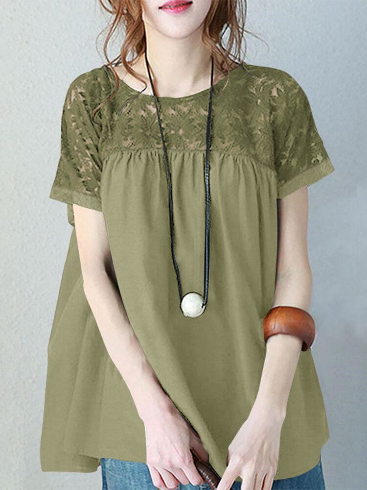 Vrijetijds Kanten Patchwork Blouse Met Korte Mouwen