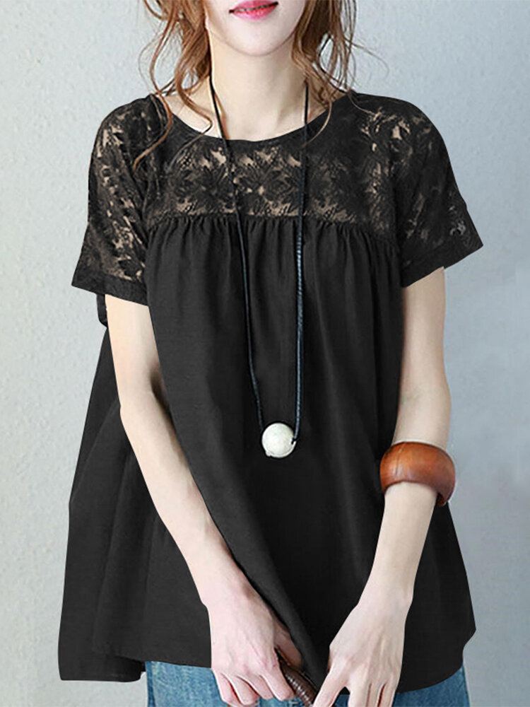 Vrijetijds Kanten Patchwork Blouse Met Korte Mouwen
