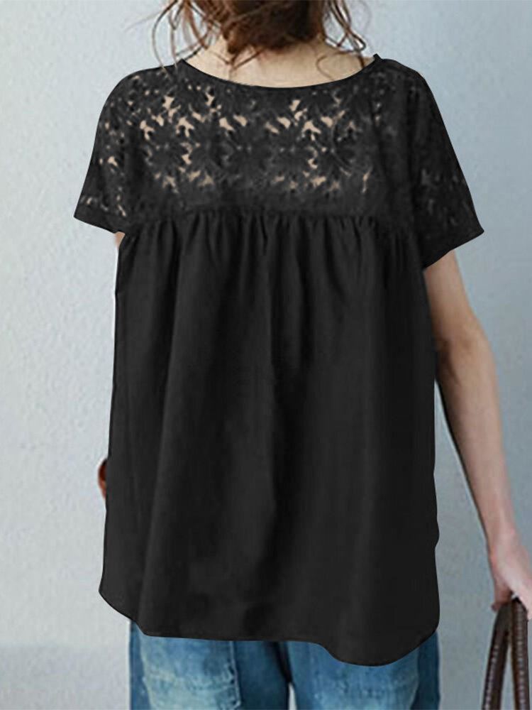 Vrijetijds Kanten Patchwork Blouse Met Korte Mouwen