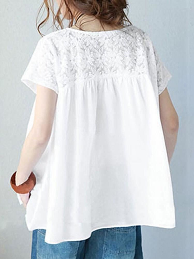 Vrijetijds Kanten Patchwork Blouse Met Korte Mouwen