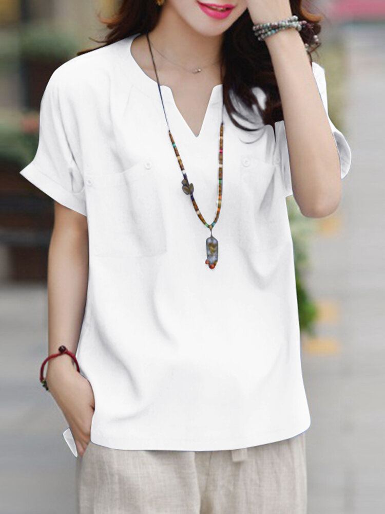 Vrijetijdszak Knoop V-halsblouse Met Korte Mouwen