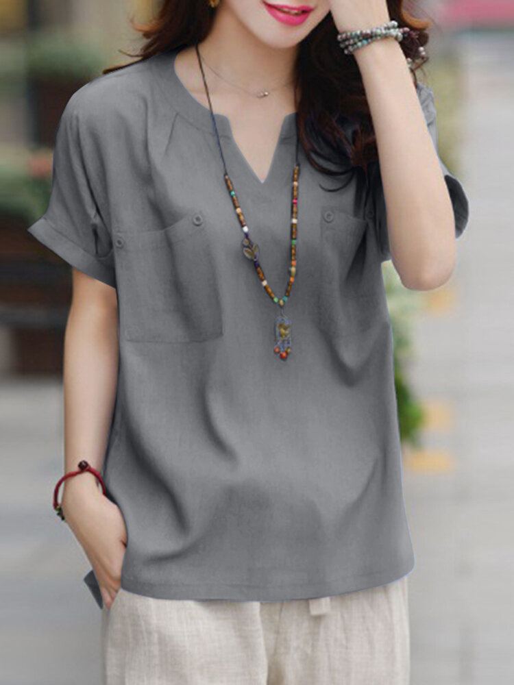 Vrijetijdszak Knoop V-halsblouse Met Korte Mouwen