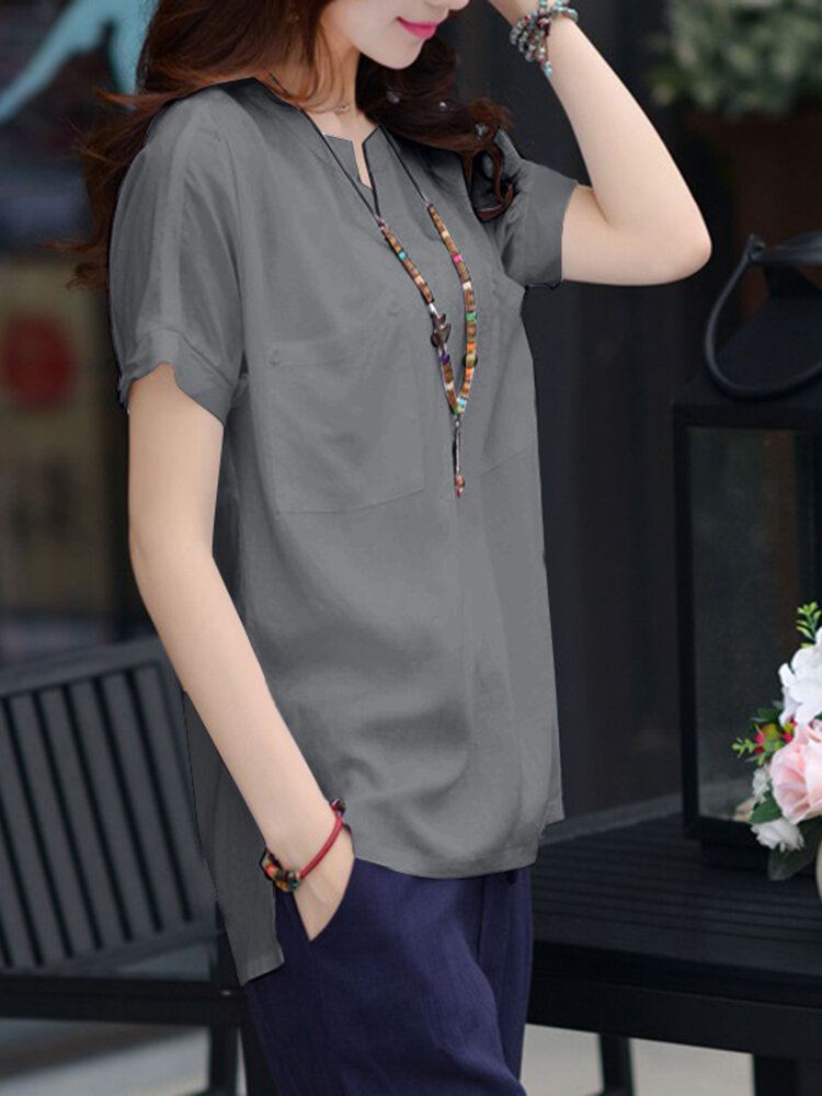 Vrijetijdszak Knoop V-halsblouse Met Korte Mouwen