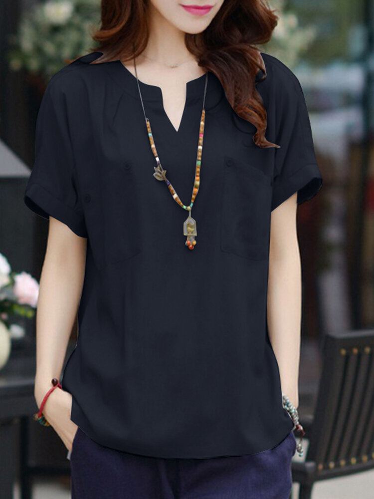 Vrijetijdszak Knoop V-halsblouse Met Korte Mouwen