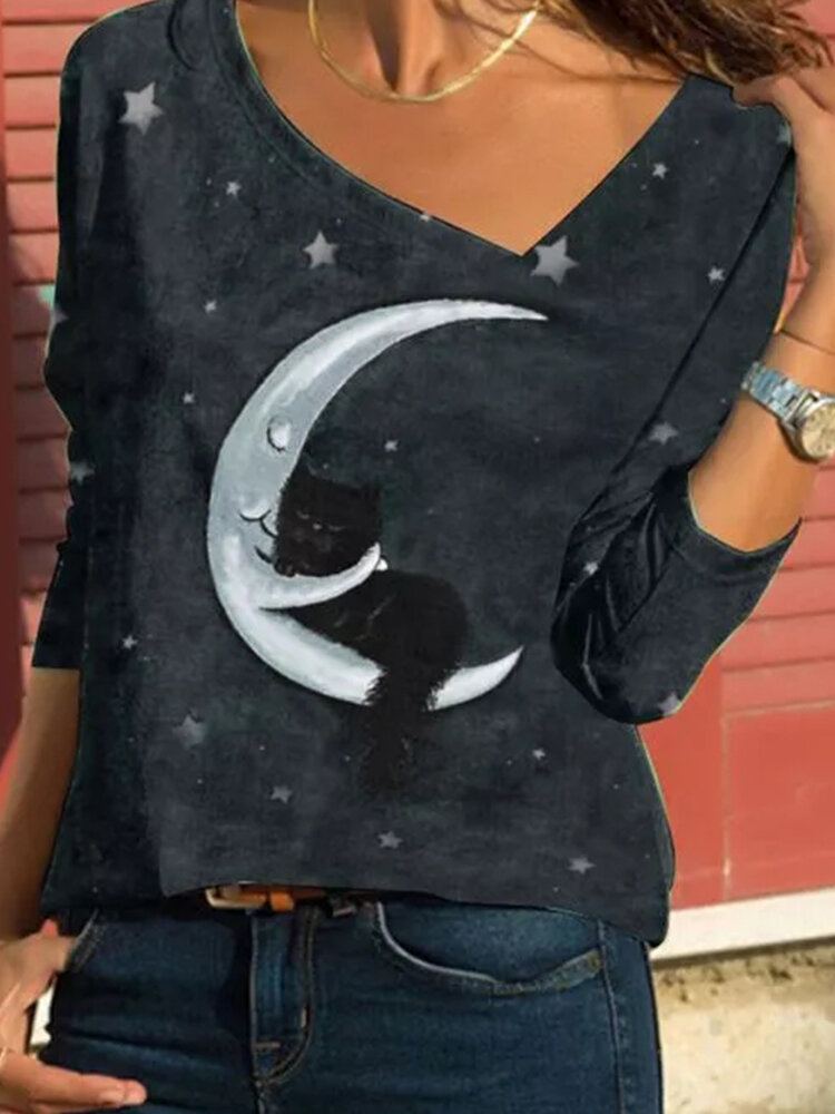 Vrouwen Cartoon Kat Sterrenhemel Print Asymmetrische Hals Casual Lange Mouwen Blouses