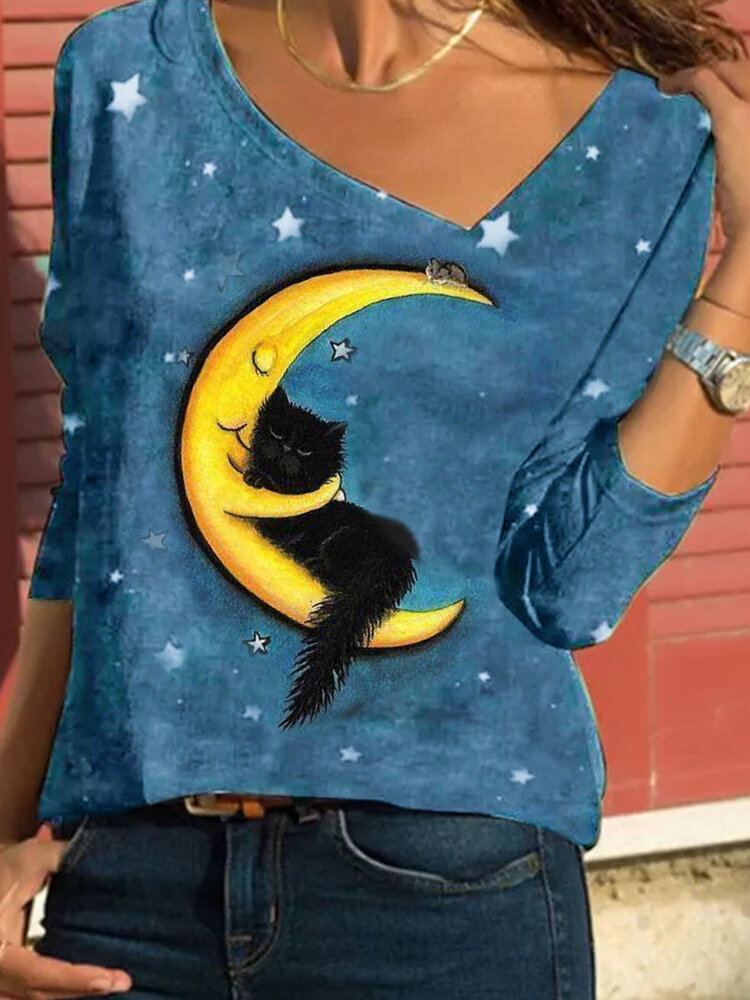 Vrouwen Cartoon Kat Sterrenhemel Print Asymmetrische Hals Casual Lange Mouwen Blouses