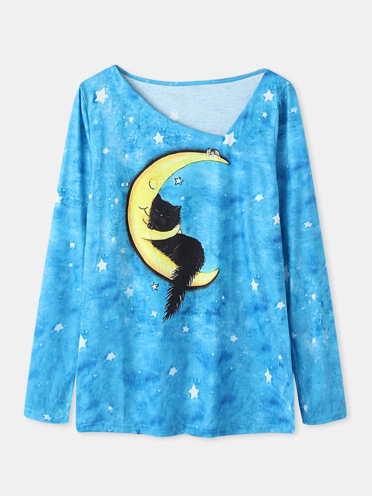 Vrouwen Cartoon Kat Sterrenhemel Print Asymmetrische Hals Casual Lange Mouwen Blouses