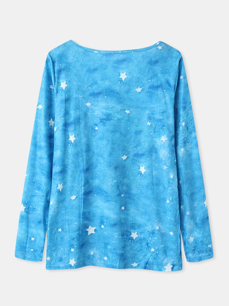 Vrouwen Cartoon Kat Sterrenhemel Print Asymmetrische Hals Casual Lange Mouwen Blouses