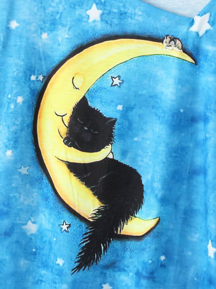 Vrouwen Cartoon Kat Sterrenhemel Print Asymmetrische Hals Casual Lange Mouwen Blouses