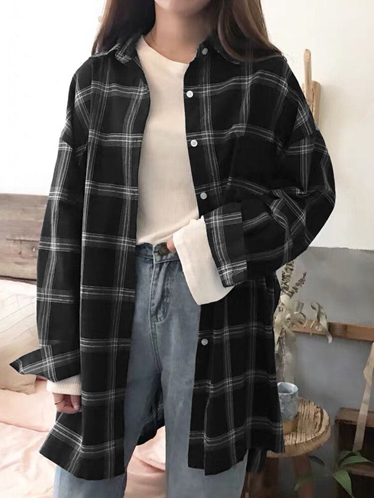 Vrouwen Plaid Side Of The Split Button Borstzak Reverskraag Casual Shirt