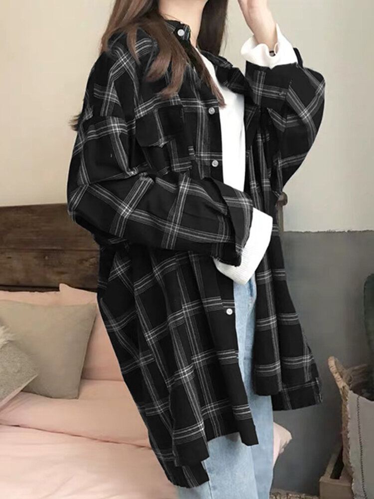 Vrouwen Plaid Side Of The Split Button Borstzak Reverskraag Casual Shirt