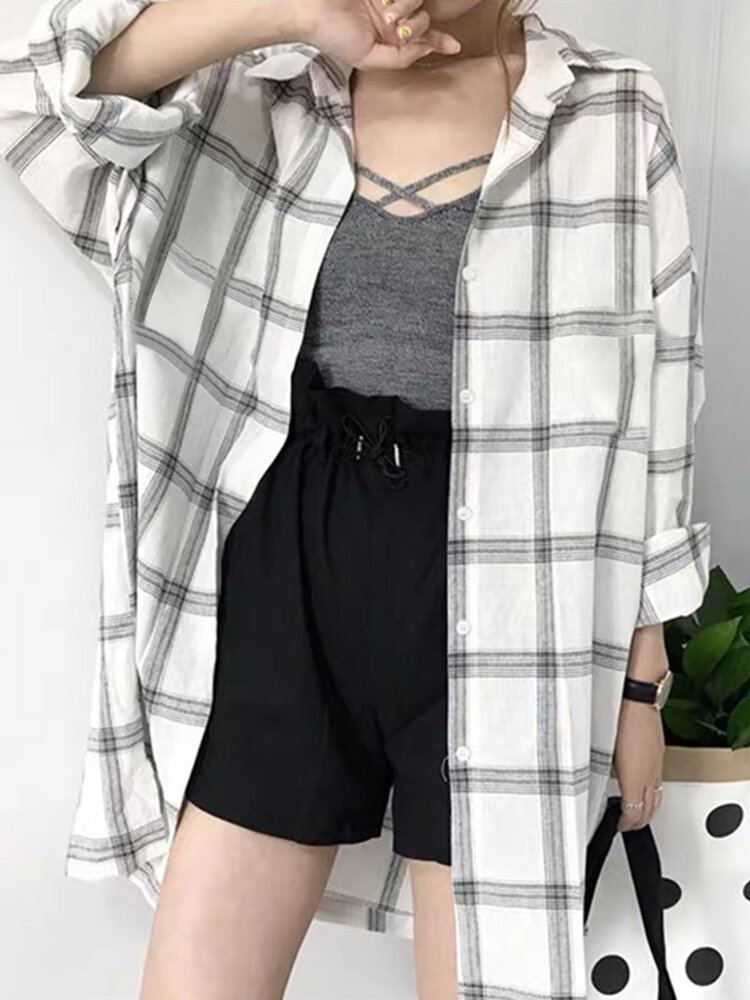 Vrouwen Plaid Side Of The Split Button Borstzak Reverskraag Casual Shirt