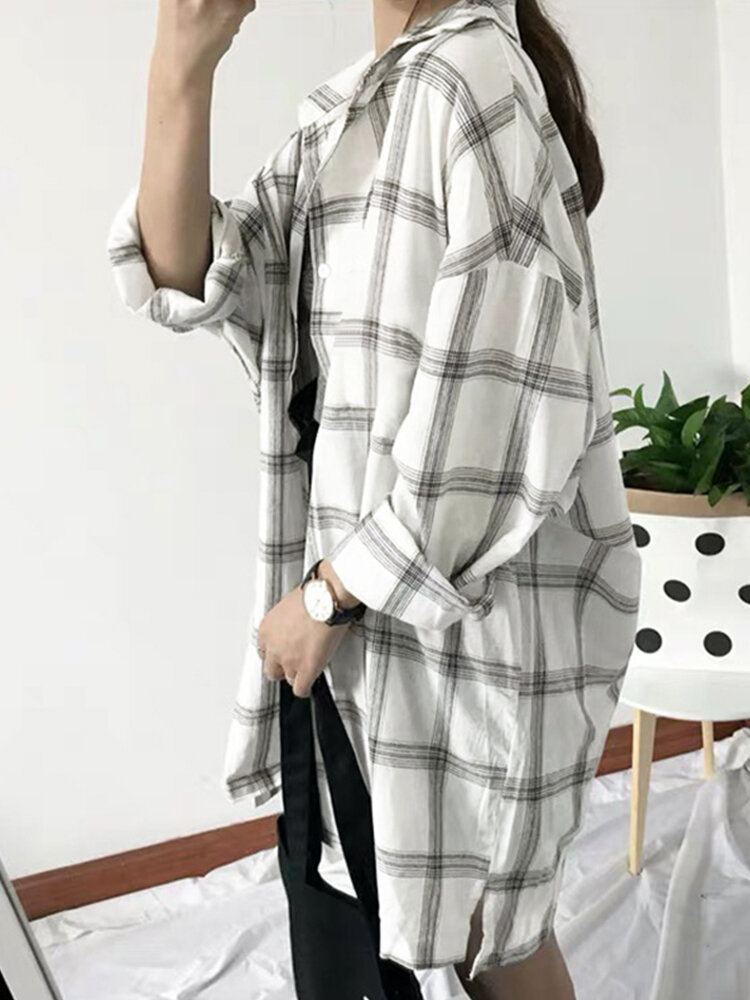 Vrouwen Plaid Side Of The Split Button Borstzak Reverskraag Casual Shirt
