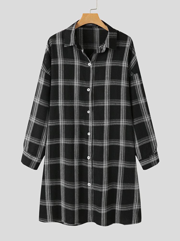 Vrouwen Plaid Side Of The Split Button Borstzak Reverskraag Casual Shirt