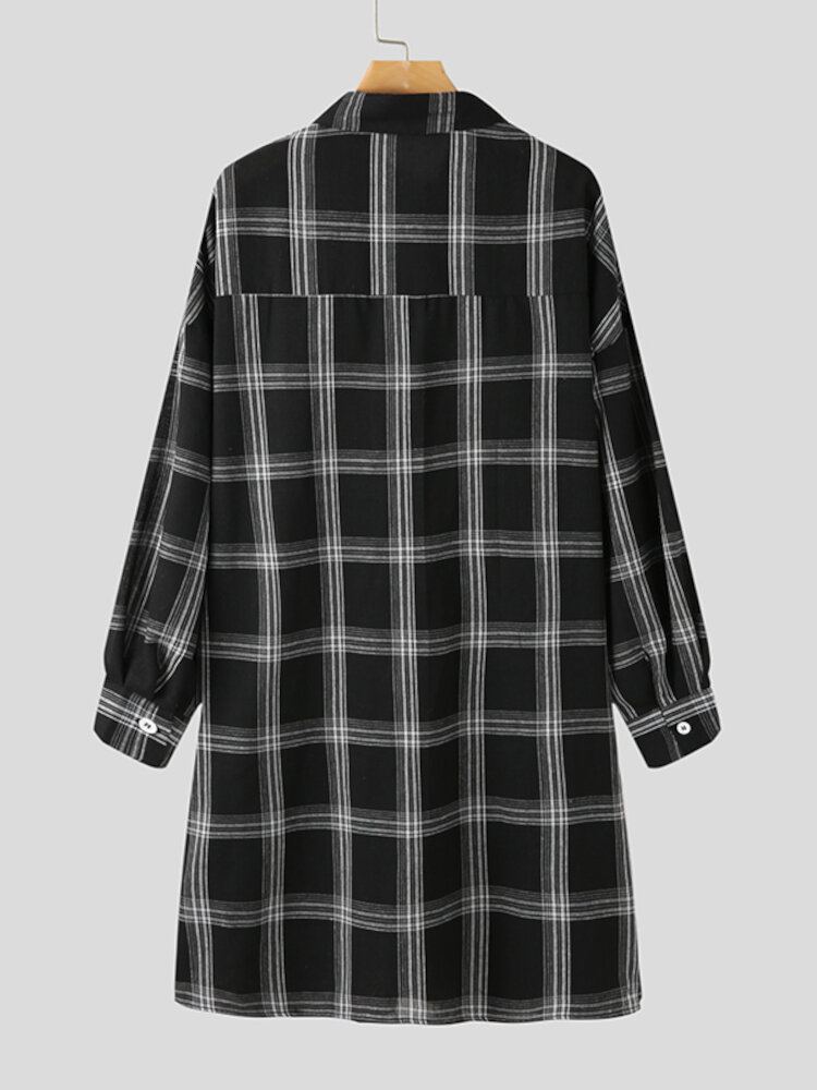 Vrouwen Plaid Side Of The Split Button Borstzak Reverskraag Casual Shirt