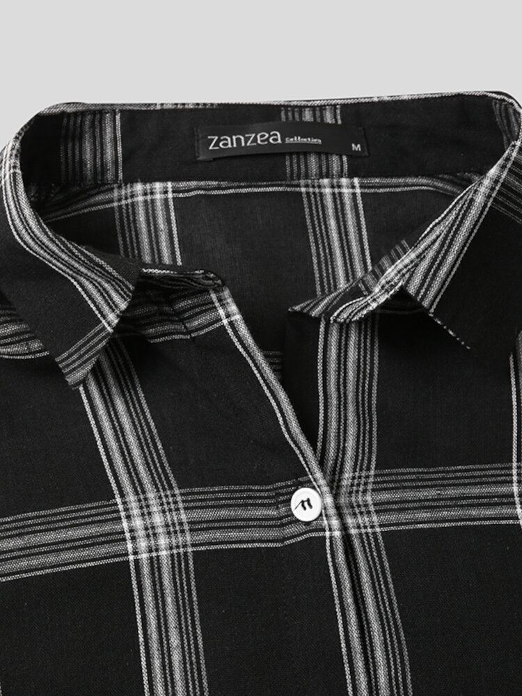 Vrouwen Plaid Side Of The Split Button Borstzak Reverskraag Casual Shirt