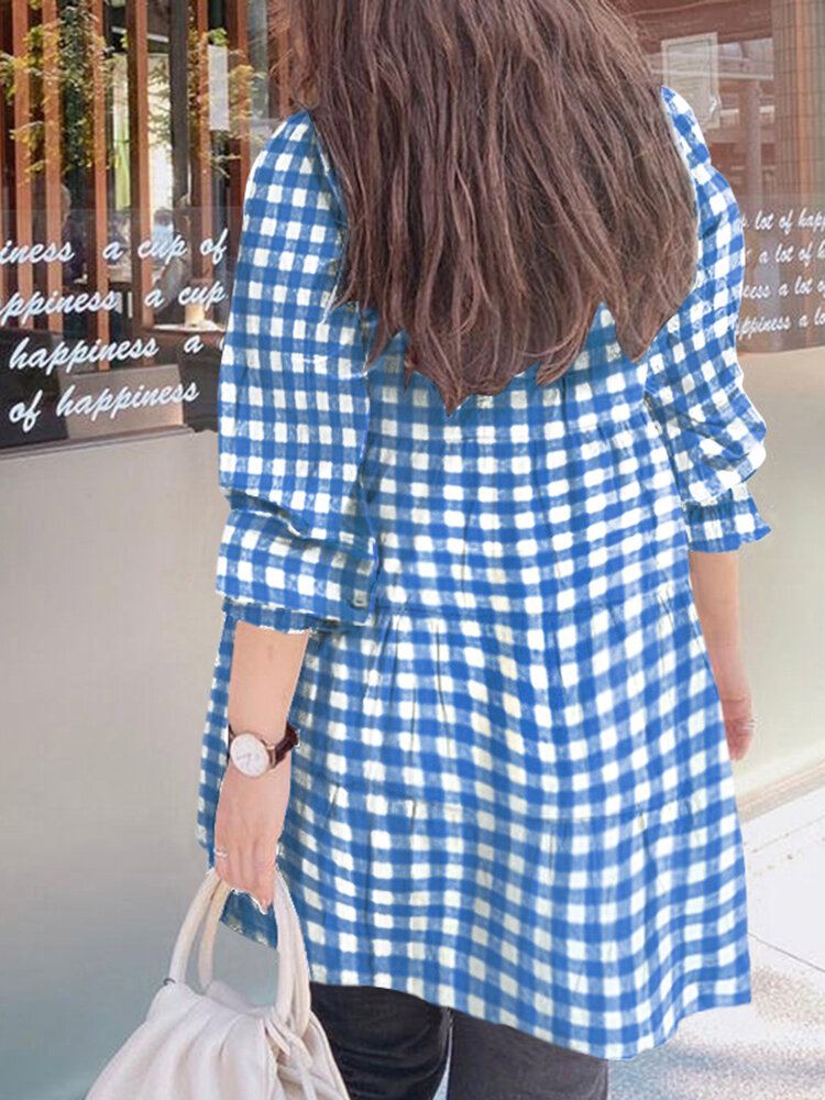 Vrouwen Puff Mouw O-hals Spliced Plaid Casual Losse Blouse