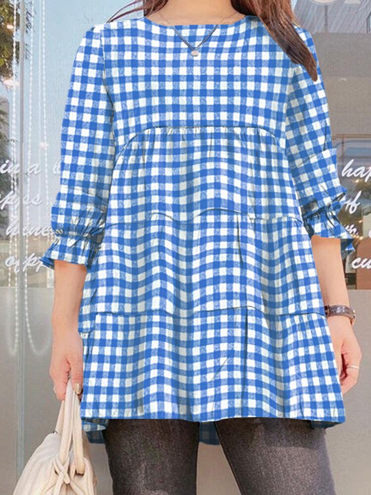 Vrouwen Puff Mouw O-hals Spliced Plaid Casual Losse Blouse