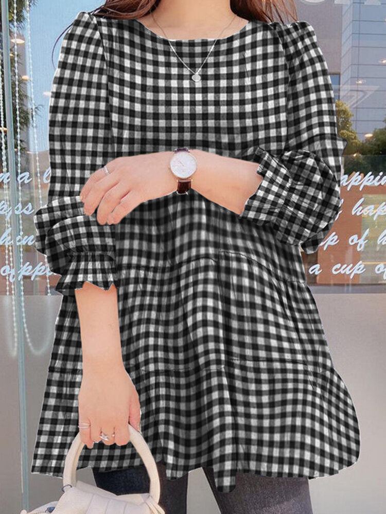 Vrouwen Puff Mouw O-hals Spliced Plaid Casual Losse Blouse