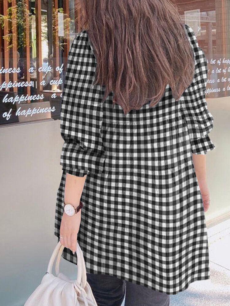 Vrouwen Puff Mouw O-hals Spliced Plaid Casual Losse Blouse