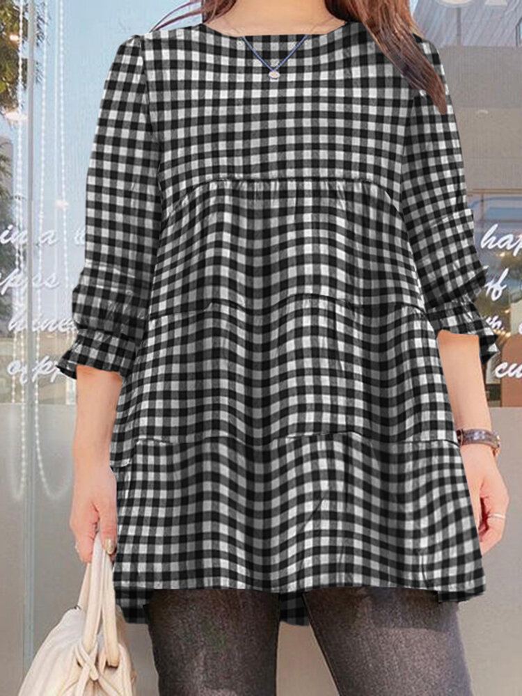 Vrouwen Puff Mouw O-hals Spliced Plaid Casual Losse Blouse