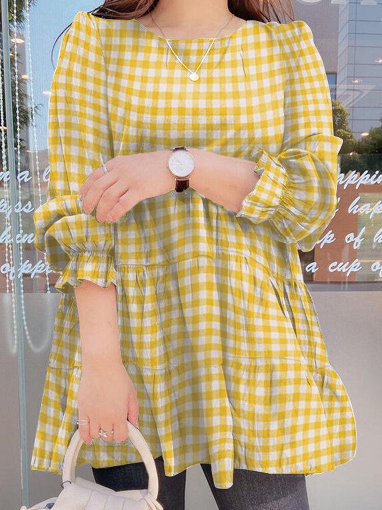 Vrouwen Puff Mouw O-hals Spliced Plaid Casual Losse Blouse