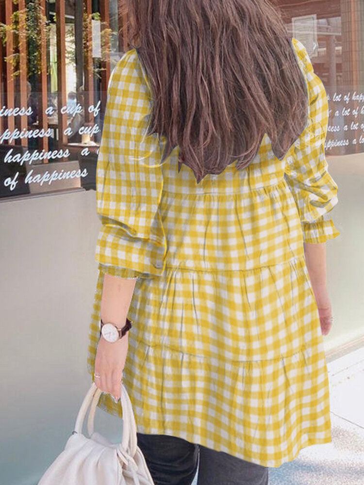 Vrouwen Puff Mouw O-hals Spliced Plaid Casual Losse Blouse