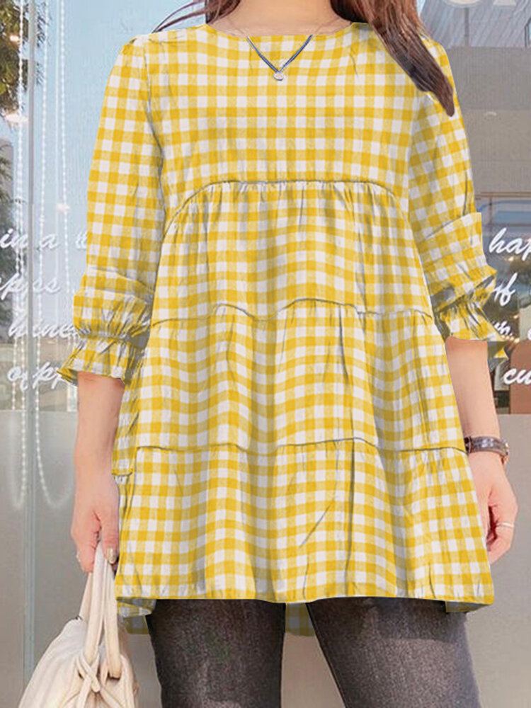 Vrouwen Puff Mouw O-hals Spliced Plaid Casual Losse Blouse