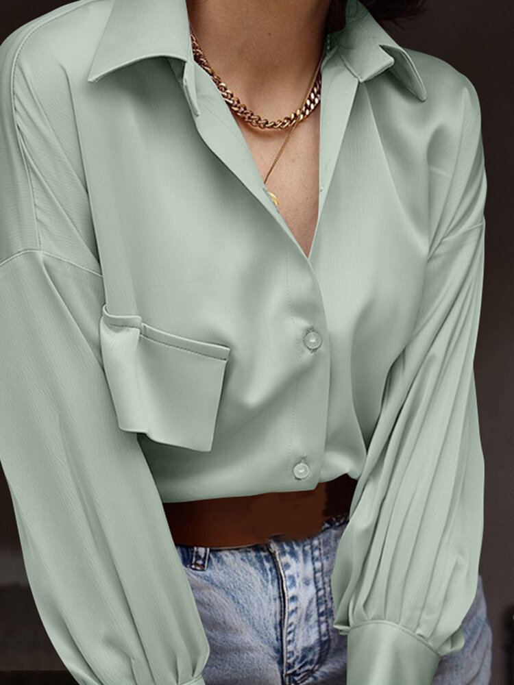Vrouwen Puff Mouw Revers Flap Lantaarn Mouw Knop Decoratie Zak Shirts