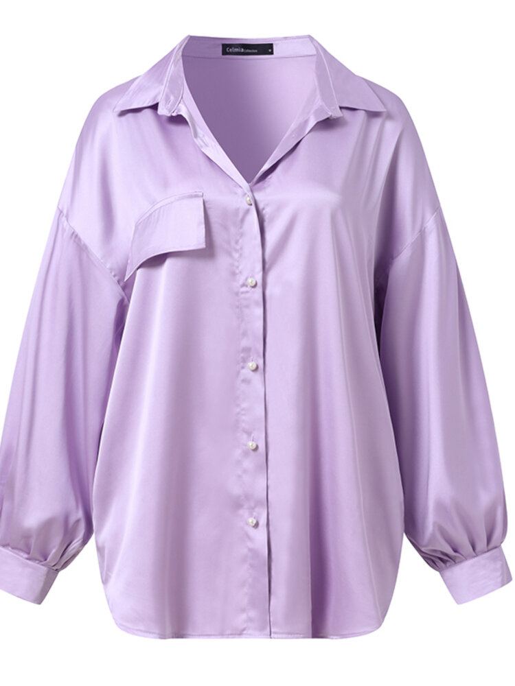 Vrouwen Puff Mouw Revers Flap Lantaarn Mouw Knop Decoratie Zak Shirts