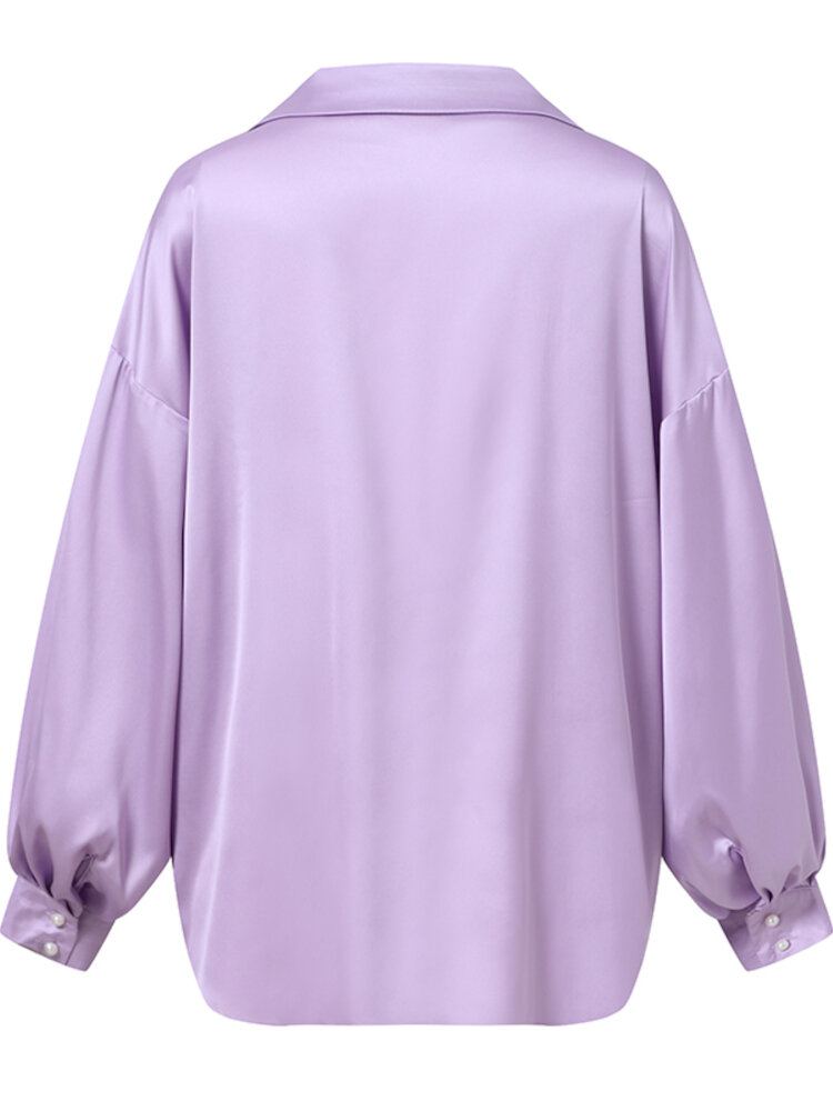 Vrouwen Puff Mouw Revers Flap Lantaarn Mouw Knop Decoratie Zak Shirts