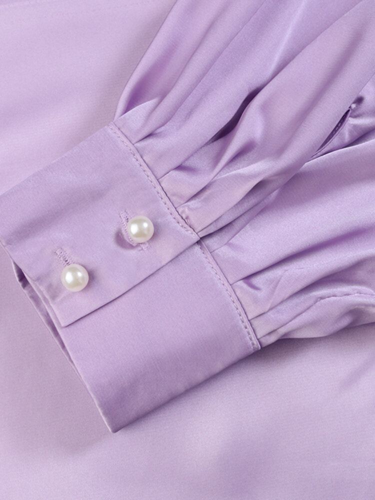 Vrouwen Puff Mouw Revers Flap Lantaarn Mouw Knop Decoratie Zak Shirts