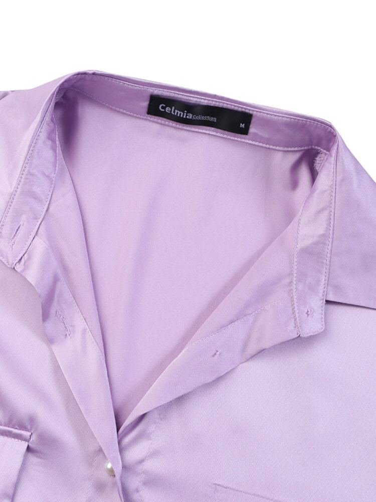 Vrouwen Puff Mouw Revers Flap Lantaarn Mouw Knop Decoratie Zak Shirts