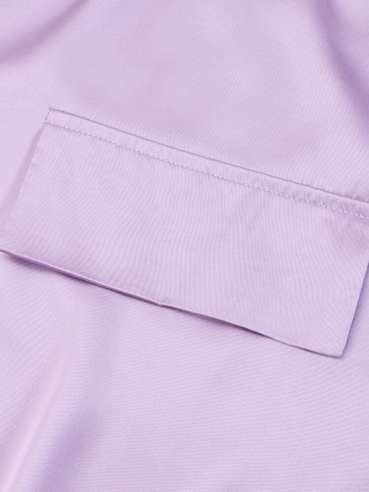 Vrouwen Puff Mouw Revers Flap Lantaarn Mouw Knop Decoratie Zak Shirts