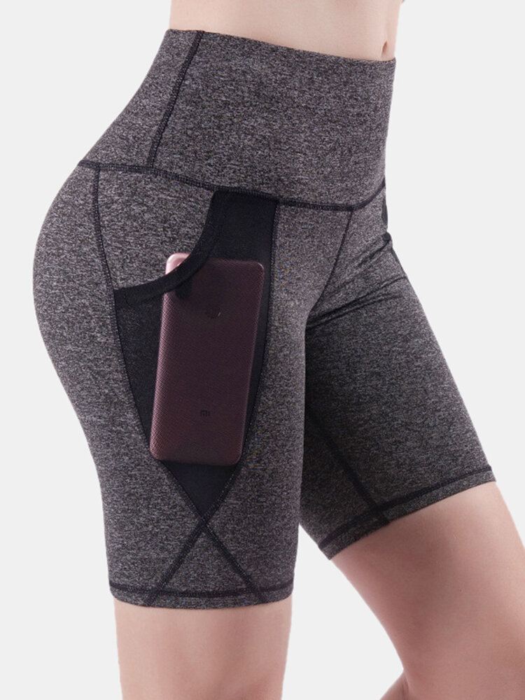 Dames Droogt Snel Effen Kleur Sport Bikershort Met Hoge Taille En Mesh Zakken