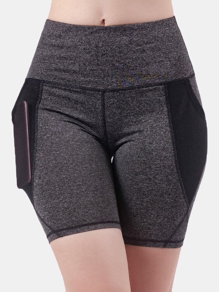 Dames Droogt Snel Effen Kleur Sport Bikershort Met Hoge Taille En Mesh Zakken