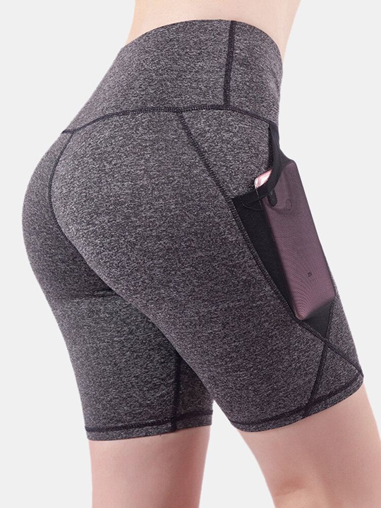 Dames Droogt Snel Effen Kleur Sport Bikershort Met Hoge Taille En Mesh Zakken