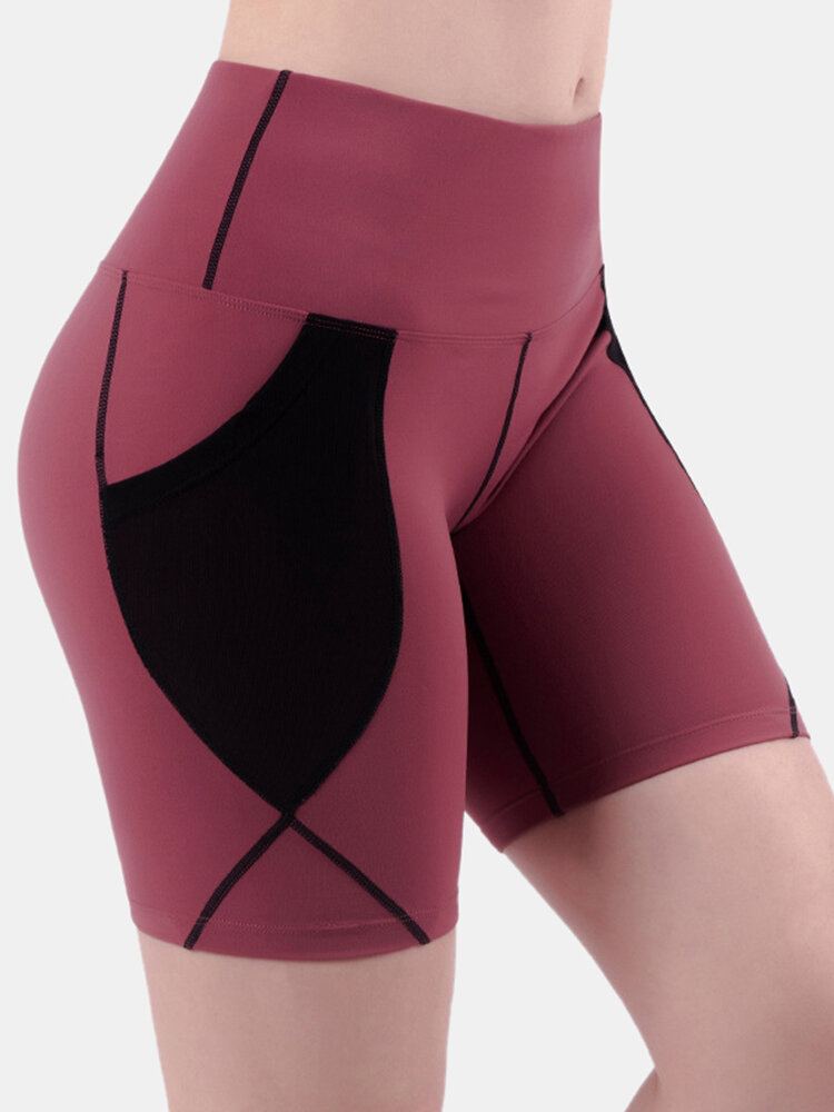Dames Droogt Snel Effen Kleur Sport Bikershort Met Hoge Taille En Mesh Zakken