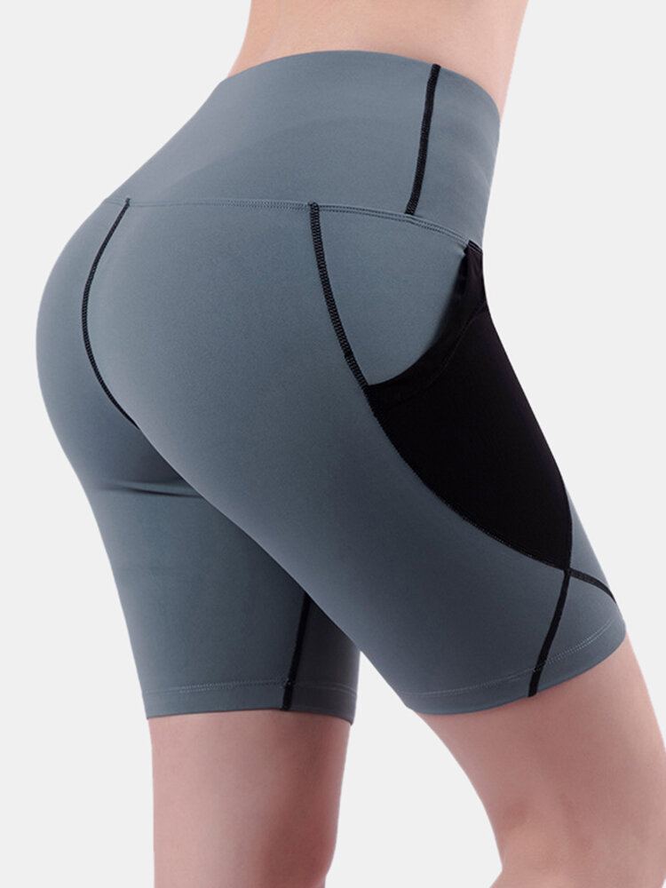 Dames Droogt Snel Effen Kleur Sport Bikershort Met Hoge Taille En Mesh Zakken