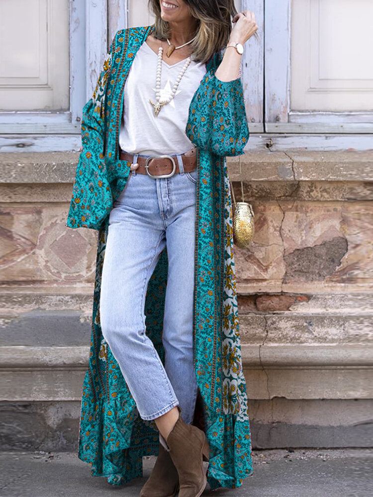 Bohemian Holiday Bloemenprint Bell-vest Met Lange Mouwen En Open Voorkant