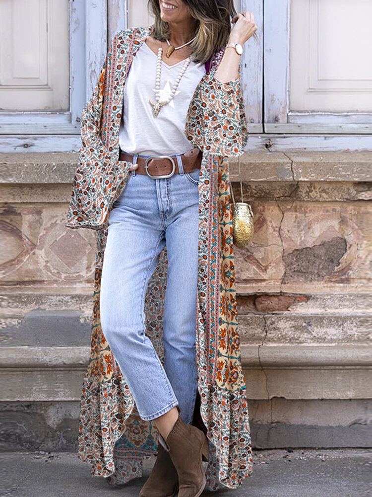 Bohemian Holiday Bloemenprint Bell-vest Met Lange Mouwen En Open Voorkant