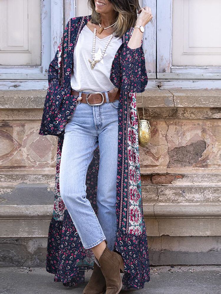 Bohemian Holiday Bloemenprint Bell-vest Met Lange Mouwen En Open Voorkant