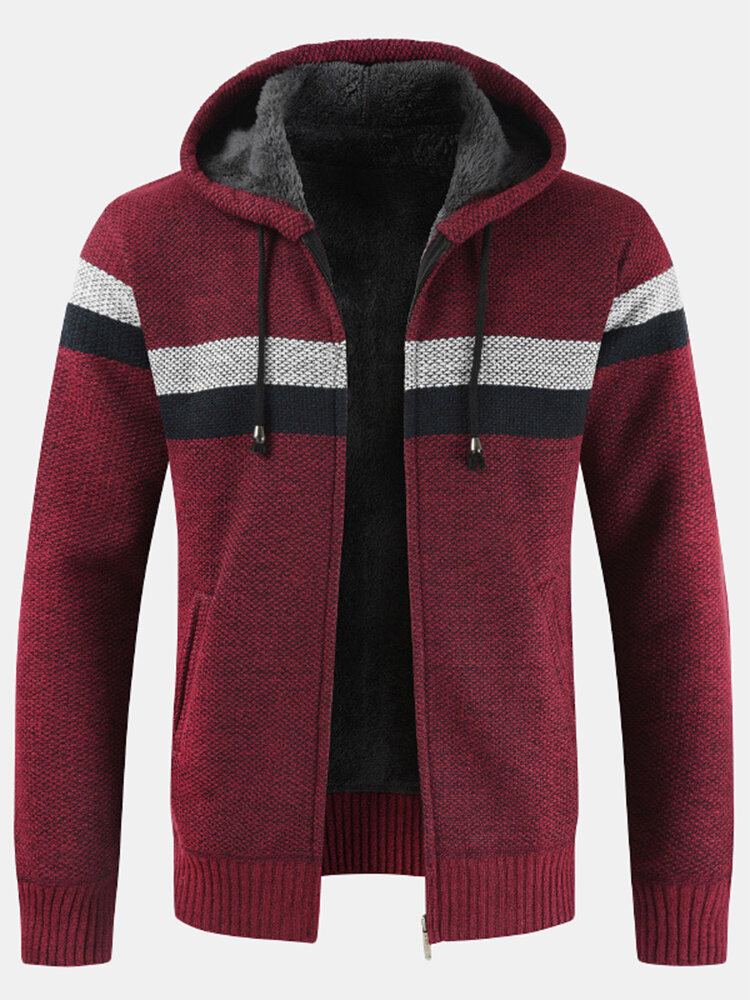 Heren Patchwork Rits Voor Rib-gebreide Pluche Gevoerde Capuchon Vesten Met Zak
